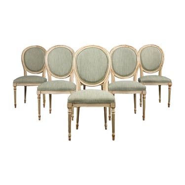 French Louis XVI Style Painted Dining Chairs W/ Striped Green and White Chenille - Set of 6 