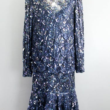 1980s Sequin Cocktail Dress by Judith Ann - Drop Waist Size M 