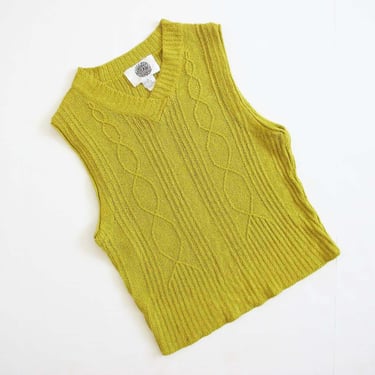 Vintage Knit Vest M L - 90s 2000s y2k Womens Sweater Vest - Solid Color Chartreuse Green Yellow V Neck Cable Knit Vest 