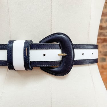 wide leather belt | 80s 90s vintage Ann Taylor navy white striped leather statement waist belt 
