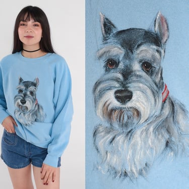 Schnauzer Sweatshirt 80s Dog Sweatshirt Baby Blue Crewneck Pullover Sweater Painted Animal Graphic Shirt Retro Vintage 1980s Large 