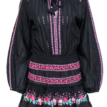 MISA Los Angeles - Black w/ Pink &amp; Blue Floral Embroidery Dress Sz S