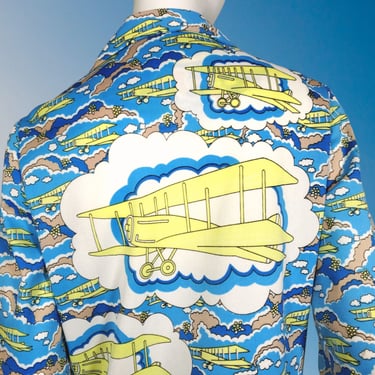 1970s novelty airplane blouse unique vintage retro print polyester leisure wear vibrant yellow blues psychedelic pop art unisex (M/L) 