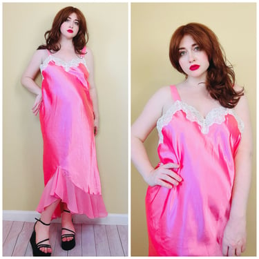 Y2K Bubblegum Pink Mermaid Nightgown / Vintage Lace Trim Ruffled Silky Slip Dress / 1X 