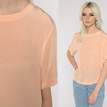 Peach Silk Blouse 90s Semi Sheer Shirt Plain Top Short Sleeve Blouse Vintage Basic 1990s Minimalist Top Simple Classic 1980s 1990s Medium 