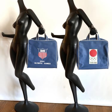 Vintage 1964 Tokyo Olympics Tote Bag • Red White & Blue USA Patriotic Travel Tote • Vinyl Shoulder Strap Zipper Small Carry On Luggage • 