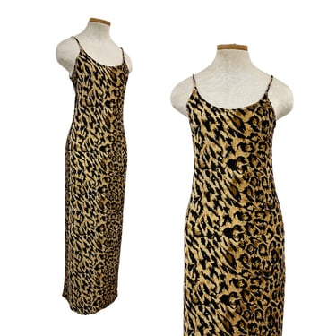 Vtg Vintage 1990s 90s Slinky Leopard Animal Print Bodycon Spaghetti Strap Dress 