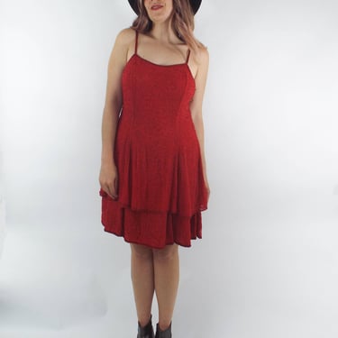 Vintage 80s Silk Ruby Red Beaded Skater Dress 