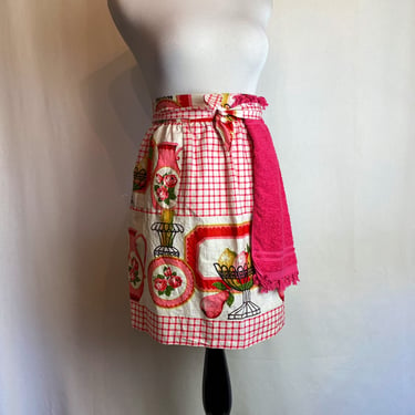 50’s 60’s MCM Apron half aprons novelty print fruit floral themed magenta pink & white with pocket check plaid 