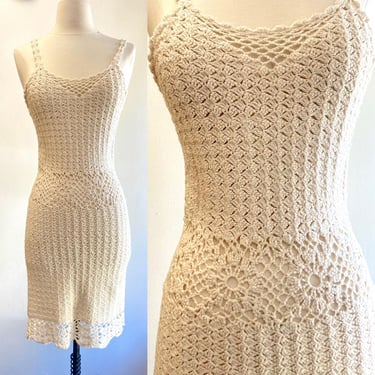 Vintage 60s 70s CROCHET DRESS / BOHO Body Con Tank Dress / Sheer Floral Corset Waist + Low Back / Beach Cover Up / Hand Knit 