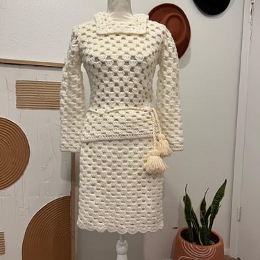 Vintage Handmade White Knit Crocheted Two Piece Summer Skirt Set XS 