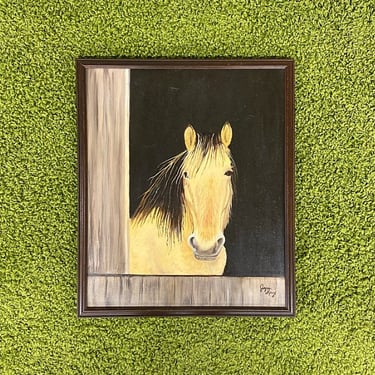 Vintage Horse Painting 1980s Retro Size 26x22 Farmhouse + Country + Acrylic + Stretched Canvas + Equestrian + Animal Wall Art + Joyce Levy 