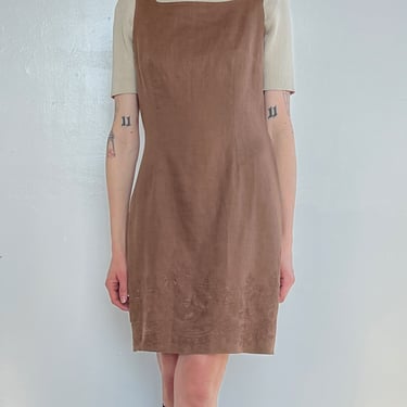 Brown Floral Embroidered Linen Shiftdress (S)