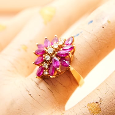 Estate 14K Pink Sapphire Diamond Flower Cluster Ring In Yellow Gold, Vintage Cocktail Ring, DRA 14K, 6 3/4 US 