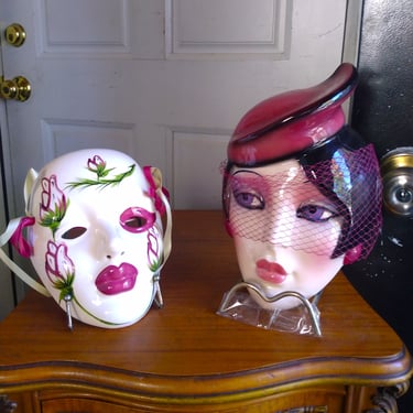 VINTAGE Porcelain Face Mask// Clay Art Ceramic Wall Mask, Mardi Gras Ceramic Wall Art, Home Decor (Set of 2) 