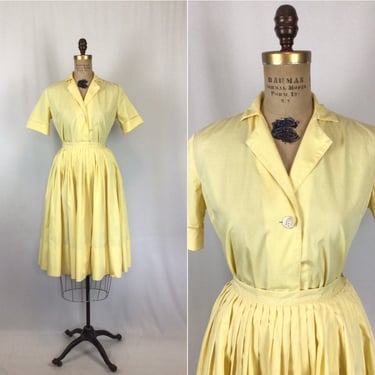 Vintage 50s dress | Vintage pale yellow cotton two piece suit | 1950s shirt and full skirt set 
