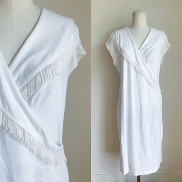 Vintage 1980s White Fringed Wrap Front Dress / M 