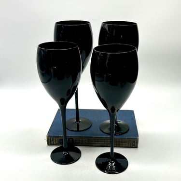 80s-90s Vintage Mikasa Black Elite or Elegance Wine Glasses, Set of 4, Water Goblets, Tall Stemmed Cocktail Glasses, Retro Bar Barware 