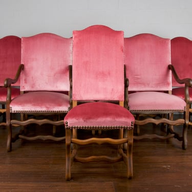 Antique Country French Louis XIII Provincial Os De Mouton Oak Rose Pink Velvet Dining Chairs- Set of 12 