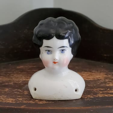 Miniature Antique Low Brow China Doll Head with Painted Black Hair - 2.5