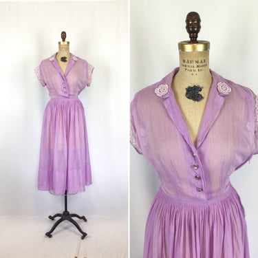 Vintage 40s dress | Vintage lawn cotton purple dress | 1940s lavender shirtwaist dress 