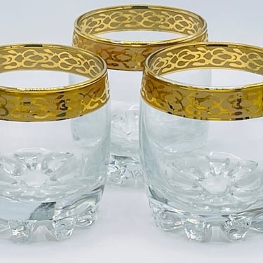 Vintage Set of 3  Glass Rocks  Glasses with pretty ornate gold trim-Heavy bottoms Great condition 