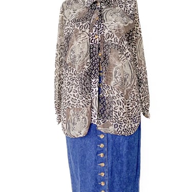 1980s Animal Print Sheer Blouse, sz. XL