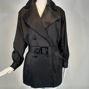 Yves Saint Laurent Rive Gauche Black Satin Wide Lapel Belted Evening Jacket 1990