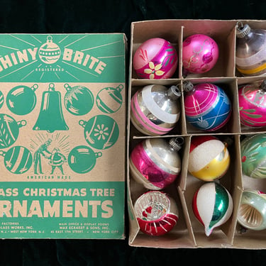 shiny brite ornaments vintage mercury glass Christmas balls 1950s one dozen pink indents mica 