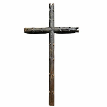 Monumental Antique Religious Carved Naturalistic Rustic Wooden Church Cross 
