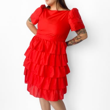 1980s Bright Red Tiered Ruffle Dress sz. XL