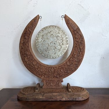 Vintage Ornate Hand Carved Wood and Etched Brass Indian Dinner Gong 