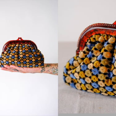 Vintage 60s Floral Velvet Tapestry Clutch Hand Bag w/ Clear Auburn Clasp | Sky Blue, Sage, & Taupe | Make-Up Bag | 1960s Designer Hand Bag 