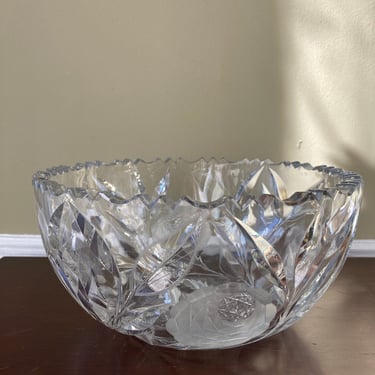 Antique Heavy Cut Crystal Bowl White Rose Pattern 