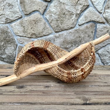 Vintage spiral basket sculpture / signed woven fiber and wood art object / boho eclectic natural decor 