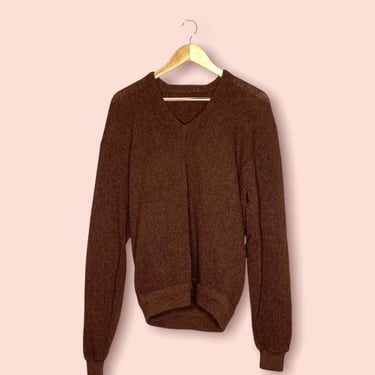 Vintage 70's Brown Alpaca Wool Pullover V Neck Sweater, Large 