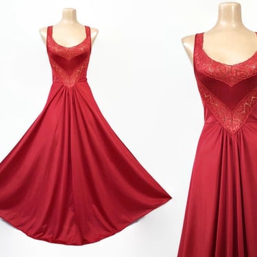 VINTAGE 80s Red Nylon & Lace Full Sweep Nightgown by Petra | 1980s Stretch Sweetheart Sheer Lace Bodice Gown | Olga Style | Large vfg 