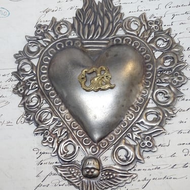 Vintage Large 6 1/2 Inch Repousse Silver Metal Flaming Heart Ex Voto with GR for Grace Received Miracle,  Religious Milagro Angel 