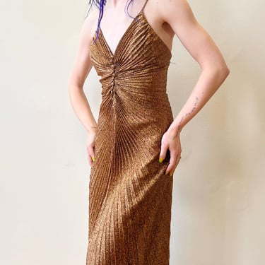 80’s Gold Lamé Pleated Paris Creations by Joan’s of New Orleans Disco Maxi Dress