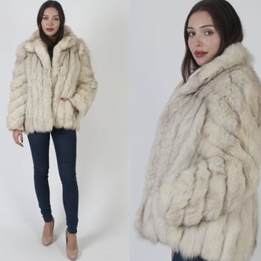 SAGA White Fox Fur Jacket / Womens Arctic Apres Ski Coat / Chubby Plush Swirl Sleeves / Leather Panel Inlay 