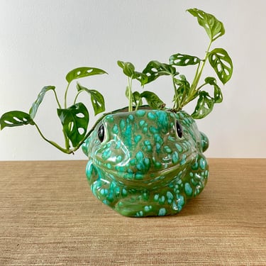 Vintage Planter - Large Ceramic Frog Planter - Green and Aqua Glazed Ceramic Frog Planter - Garden Decor 