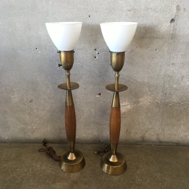 Pair of Mid Century Modern Rembrandt Brass & Walnut Lamps