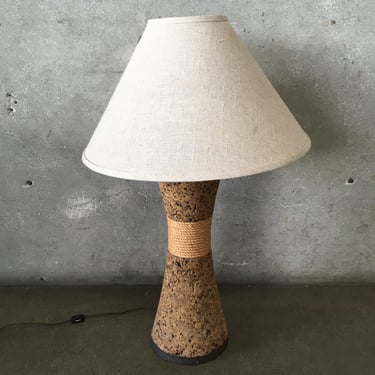 Mid Century Modern Danish Cork & Rope Table Lamp with Linen Shade