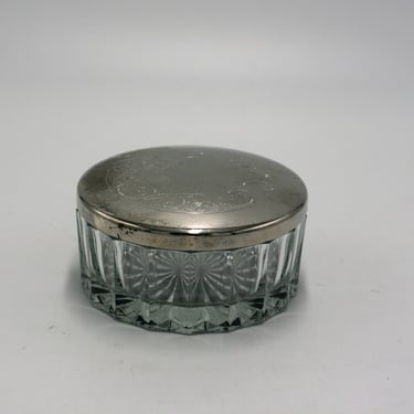 vintage glass powder jar with silver plate lid 