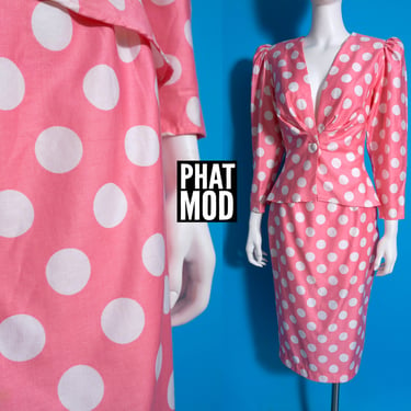 Avant Garde Vintage 80s 90s Pink & White Polka Dot 2-Piece Skirt Set with Peplum Top 