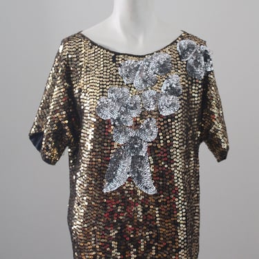 Silver and Gold Floral Sequined Top - Medium - Size 8 - Size 10 