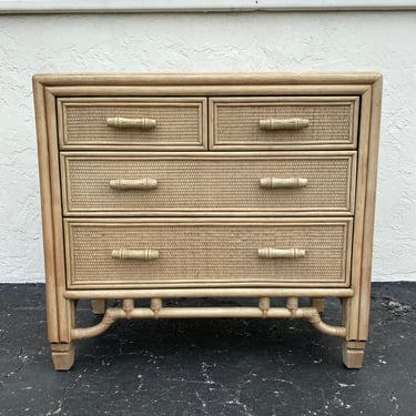 Large Vintage Rattan Nightstand with 4 Drawers & Glass Table Top - Oversized Vintage Ficks Reed Style Dresser - Boho Chic Coastal Furniture 