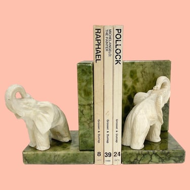 Vintage Elephant Bookends Retro 1960s Mid Century Modern + Green Alabaster Handcarved + Made in Italy + Set of 2 + MCM Book Display/Storage 