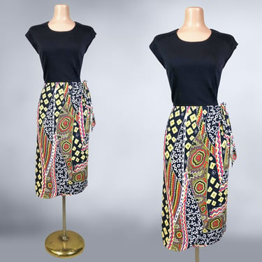 VINTAGE 80s does 40s Tribal Print Rayon Sarong Dress with Knit Bodice 7/8 | 1980s Sexy Tiki Wiggle Pin-Up Dress | VFG 