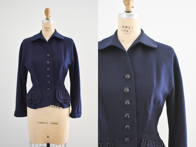 1940s Swansdown Navy Wool Gabardine Jacket 